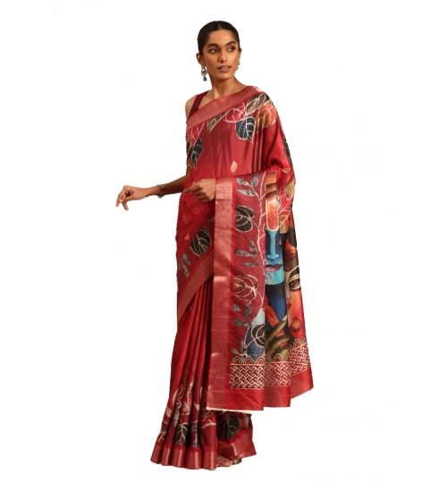 Generic Women's Cotton Printed Saree With Unstitched Blouse 5.5Mtr (Red)