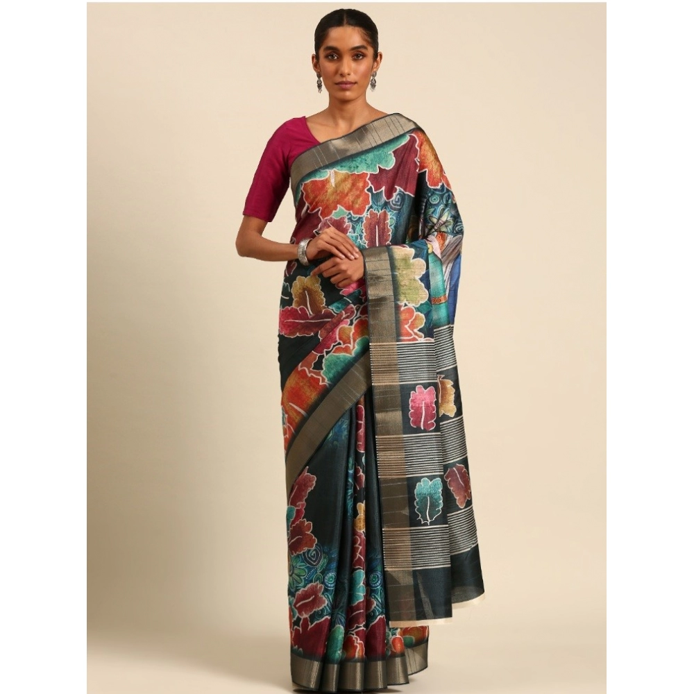 Generic Women's Cotton Printed Saree With Unstitched Blouse 5.5Mtr (Multicolor)