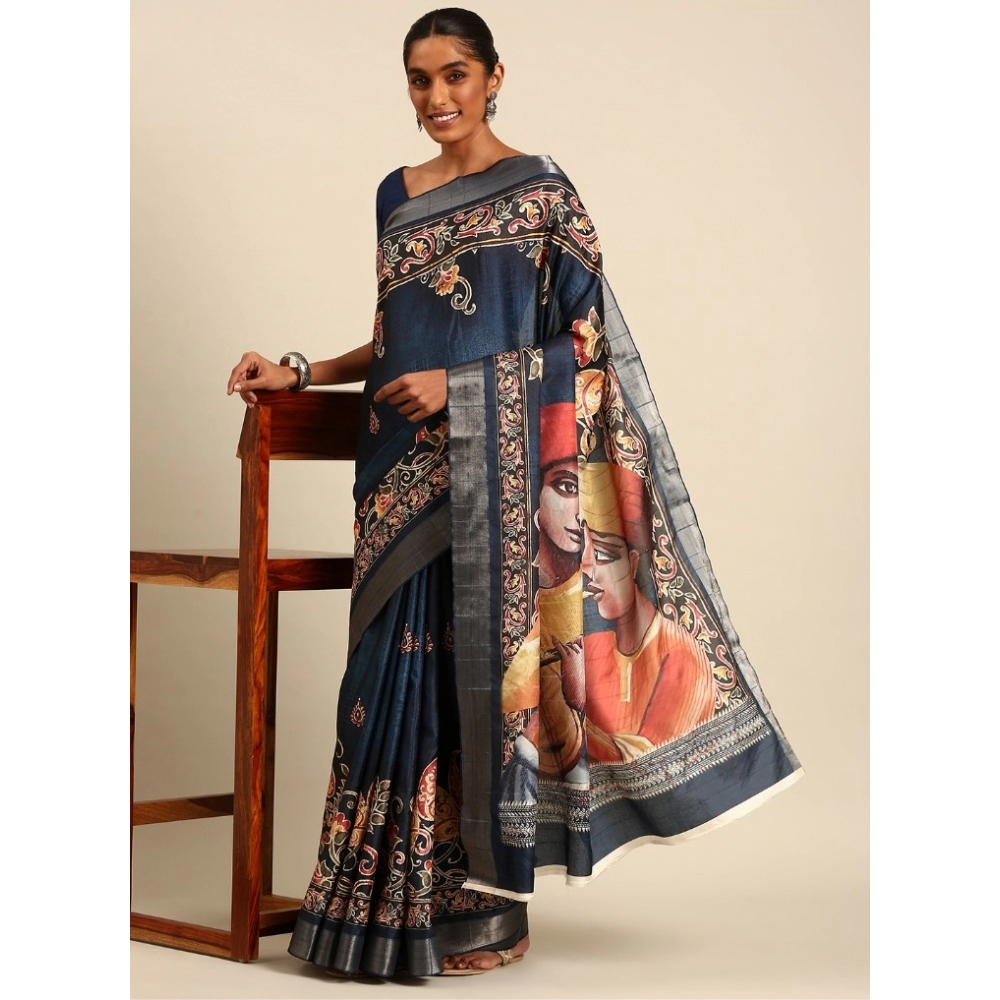 Generic Women's Cotton Printed Saree With Unstitched Blouse 5.5Mtr (Navy-Blue)
