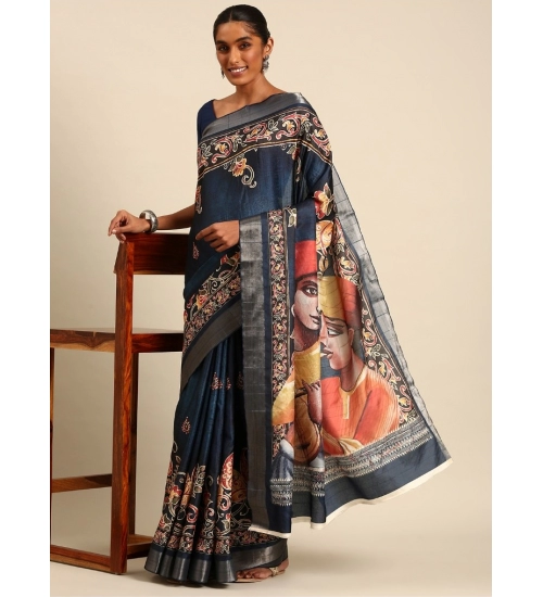 Generic Women's Cotton Printed Saree With Unstitched Blouse 5.5Mtr (Navy-Blue)