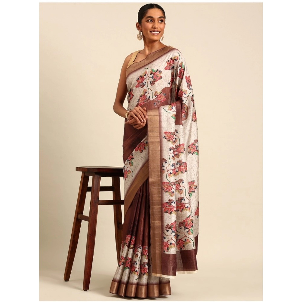 Generic Women's Cotton Printed Saree With Unstitched Blouse 5.5Mtr (Cream)