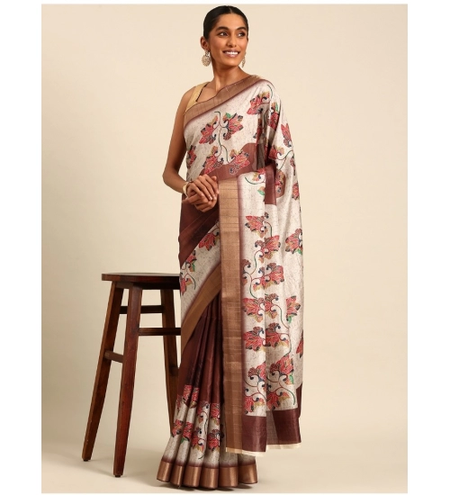 Generic Women's Cotton Printed Saree With Unstitched Blouse 5.5Mtr (Cream)
