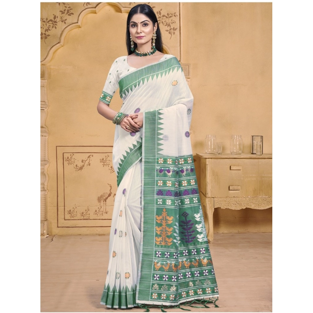 Generic Women's Cotton Printed Saree With Unstitched Blouse 5.5Mtr (Green)
