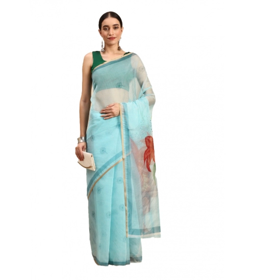 Generic Women's Organza Printed Saree With Unstitched Blouse 5.5Mtr (Sky Blue)