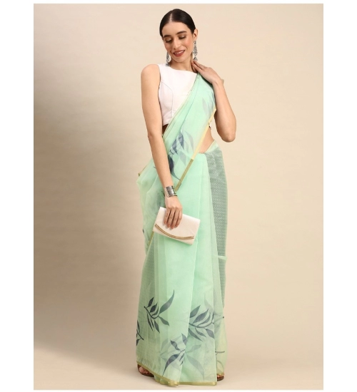 Generic Women's Organza Floral Print Saree With Unstitched Blouse 5.5Mtr (Sea Green)