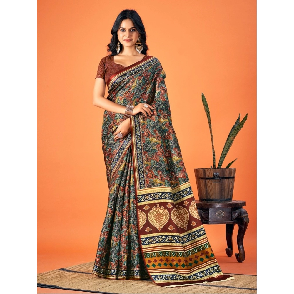Generic Women's Polyester Printed Saree With Unstitched Blouse 5.5Mtr (Multicolor)