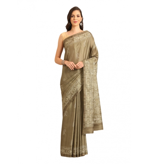 Generic Women's Cotton Printed Saree With Unstitched Blouse 5.5Mtr (Brown)