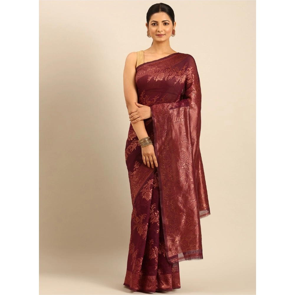 Generic Women's Cotton Woven Design Saree With Unstitched Blouse 5.5Mtr (Purple)