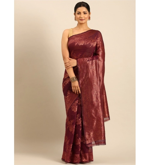 Generic Women's Cotton Woven Design Saree With Unstitched Blouse 5.5Mtr (Purple)