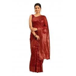 Generic Women's Cotton Woven Design Saree With Unstitched Blouse 5.5Mtr (Red)