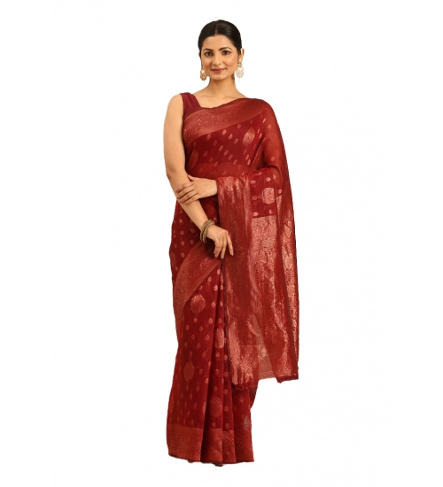 Generic Women's Cotton Woven Design Saree With Unstitched Blouse 5.5Mtr (Red)