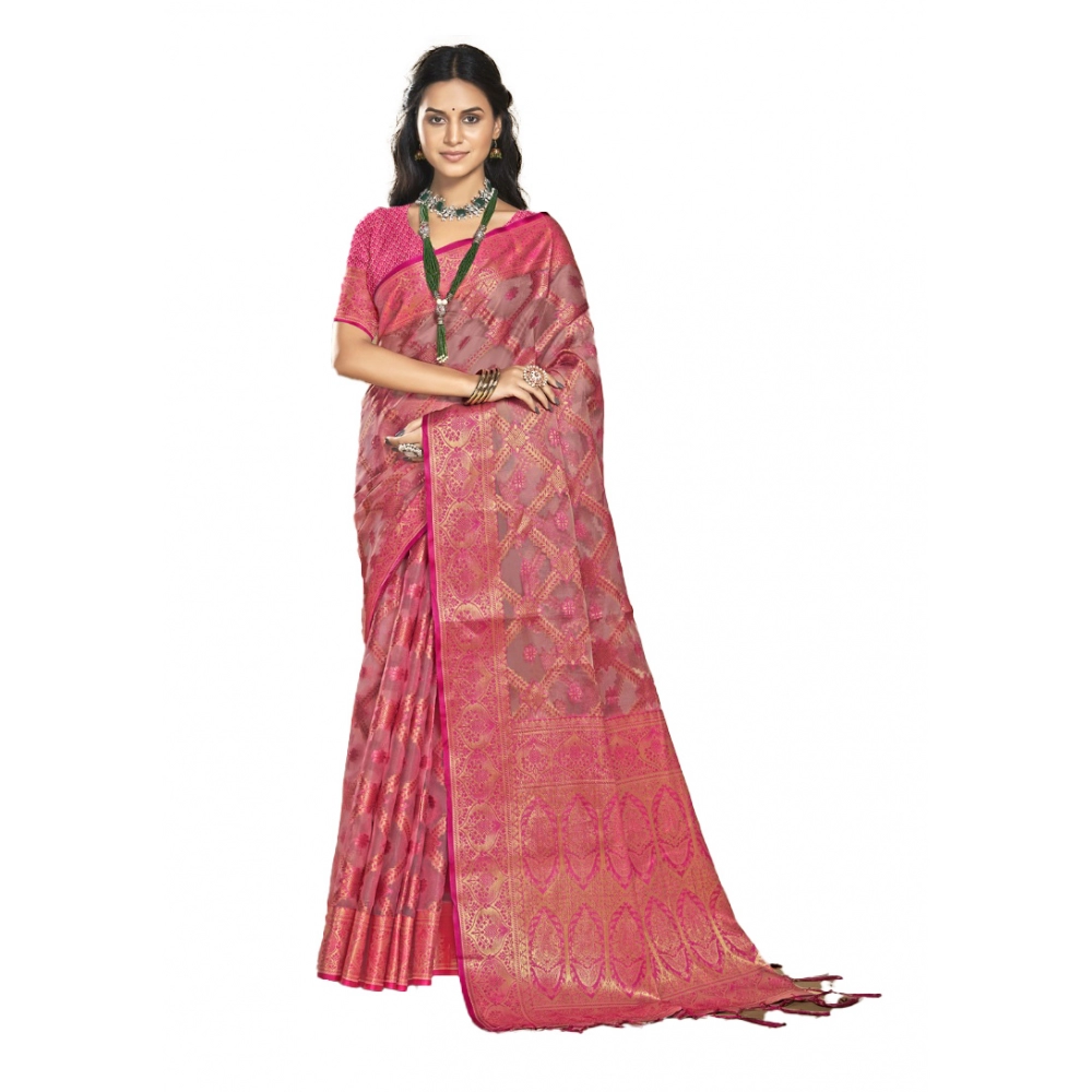 Generic Women's Organza Woven Design Saree With Unstitched Blouse 5.5Mtr (Pink)