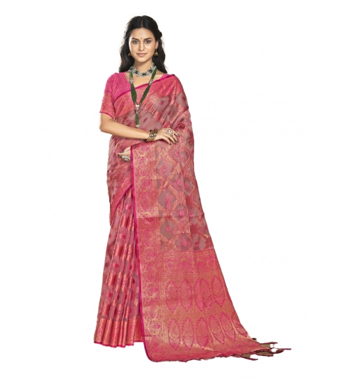 Generic Women's Organza Woven Design Saree With Unstitched Blouse 5.5Mtr (Pink)