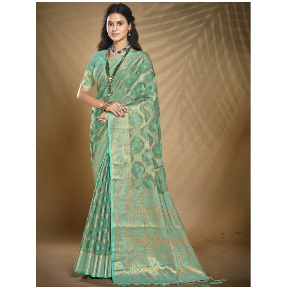 Generic Women's Organza Woven Design Saree With Unstitched Blouse 5.5Mtr (Green)