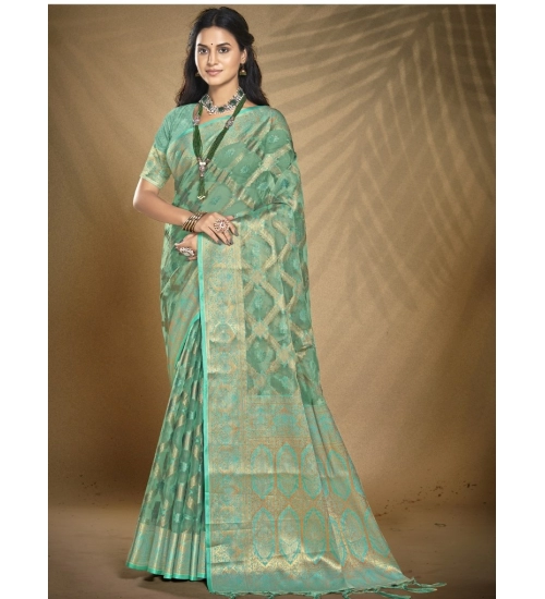 Generic Women's Organza Woven Design Saree With Unstitched Blouse 5.5Mtr (Green)