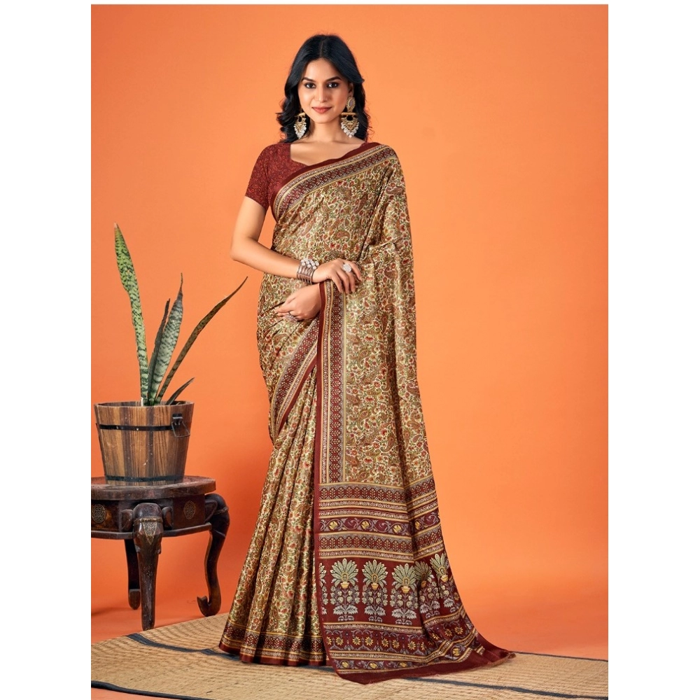 Generic Women's Polyester Printed Saree With Unstitched Blouse 5.5Mtr (Brown)