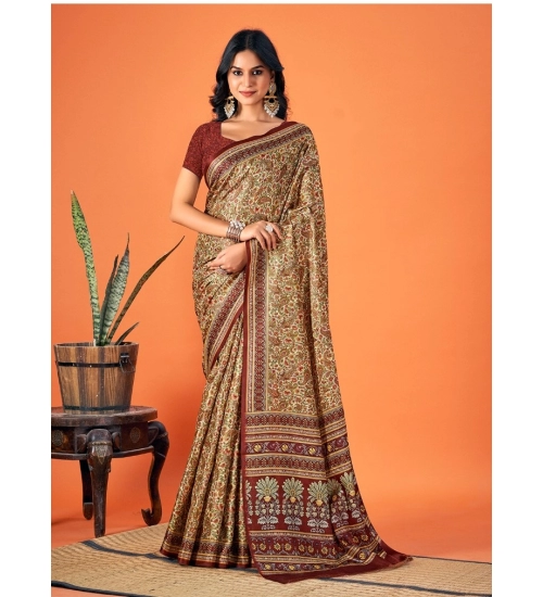Generic Women's Polyester Printed Saree With Unstitched Blouse 5.5Mtr (Brown)