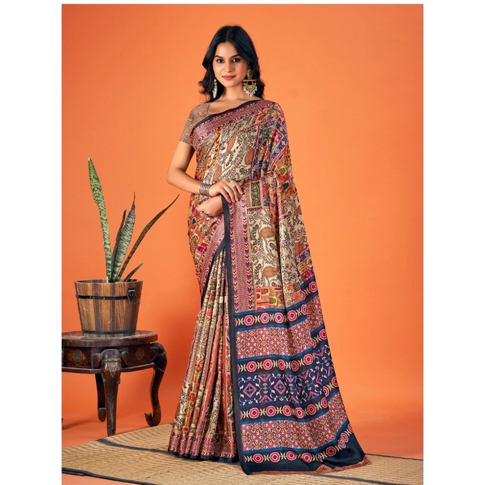 Generic Women's Polyester Printed Saree With Unstitched Blouse 5.5Mtr (Multicolor)
