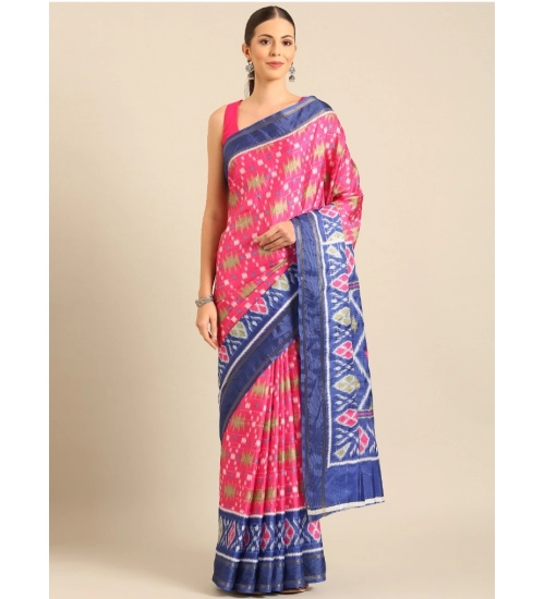 Generic Women's Cotton Printed Saree With Unstitched Blouse 5.5Mtr (Pink-Blue)