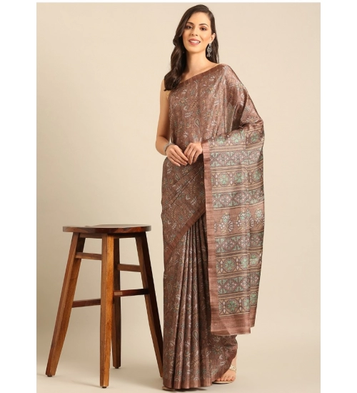 Generic Women's Cotton Printed Saree With Unstitched Blouse 5.5Mtr (Brown-Green)