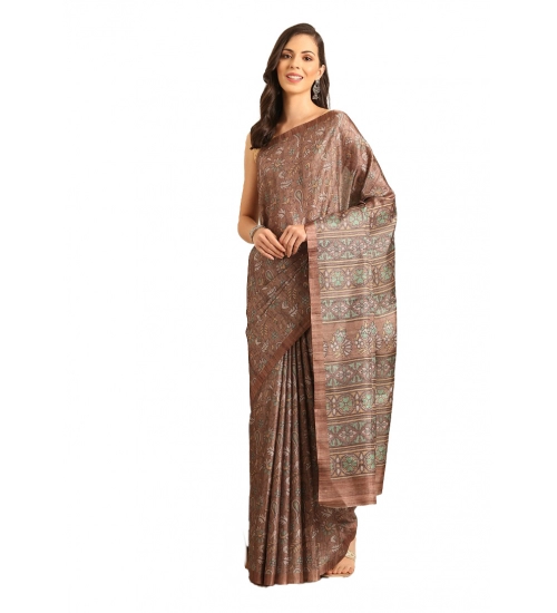 Generic Women's Cotton Printed Saree With Unstitched Blouse 5.5Mtr (Brown-Green)