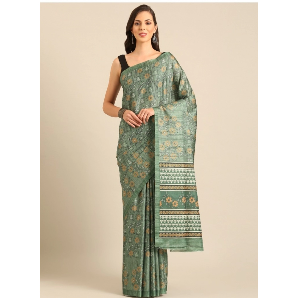 Generic Women's Cotton Printed Saree With Unstitched Blouse 5.5Mtr (Green)