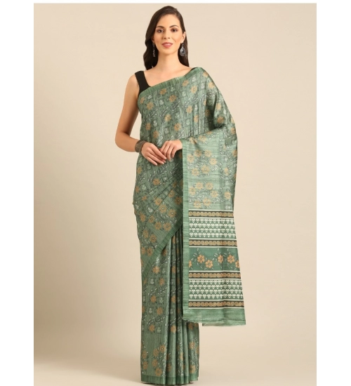 Generic Women's Cotton Printed Saree With Unstitched Blouse 5.5Mtr (Green)