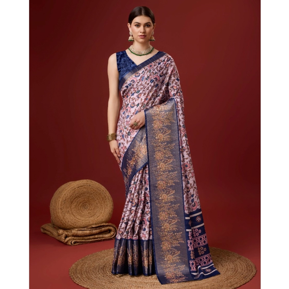 Generic Women's Cotton Printed Saree With Unstitched Blouse 5.5Mtr (Blue)