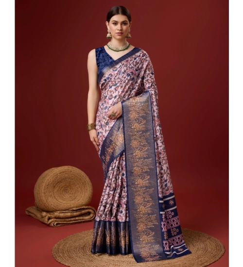 Generic Women's Cotton Printed Saree With Unstitched Blouse 5.5Mtr (Blue)
