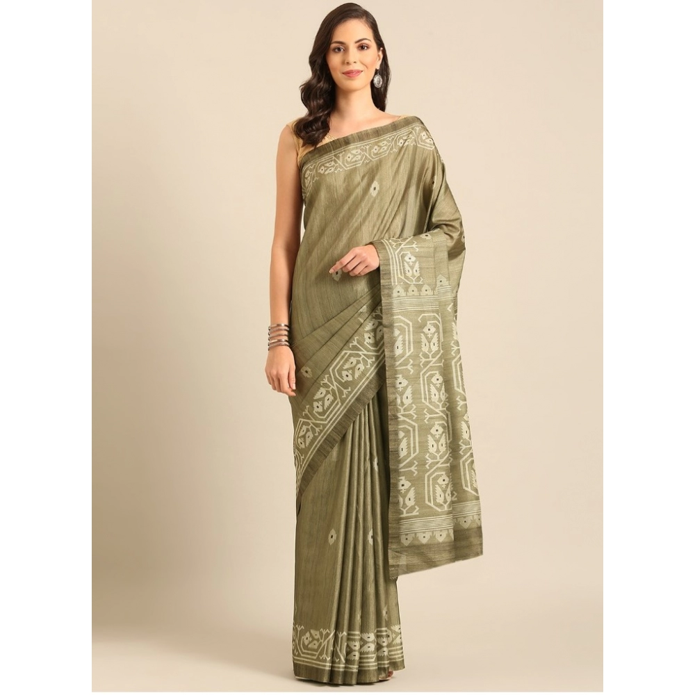 Generic Women's Cotton Printed Saree With Unstitched Blouse 5.5Mtr (Olive-green)