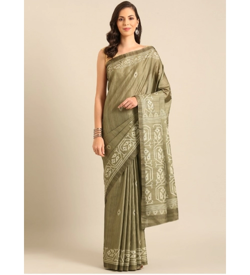 Generic Women's Cotton Printed Saree With Unstitched Blouse 5.5Mtr (Olive-green)