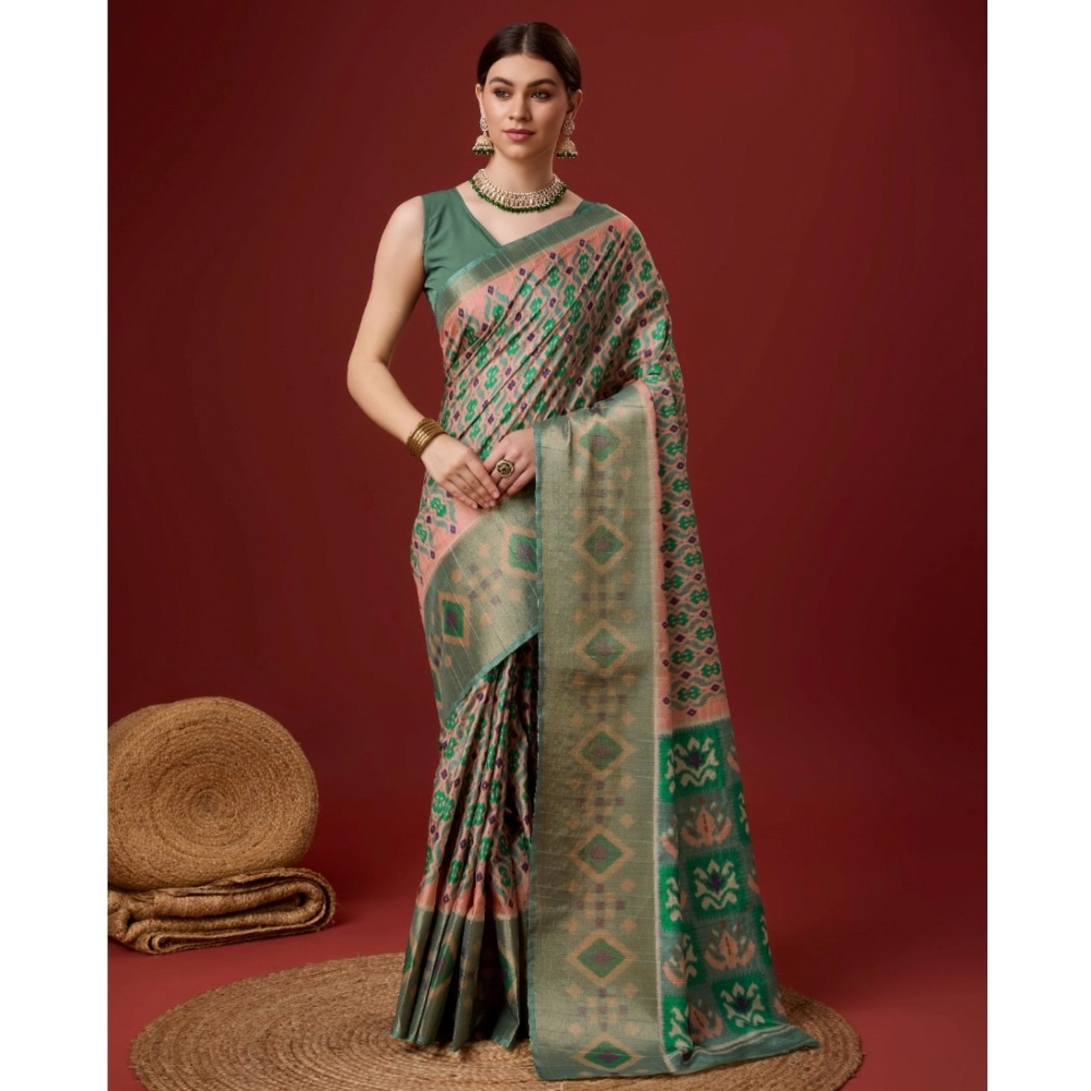 Generic Women's Cotton Printed Saree With Unstitched Blouse 5.5Mtr (Green)