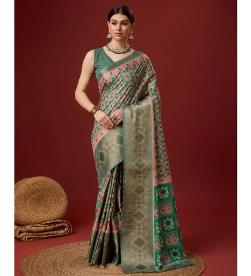 Generic Women's Cotton Printed Saree With Unstitched Blouse 5.5Mtr (Green)