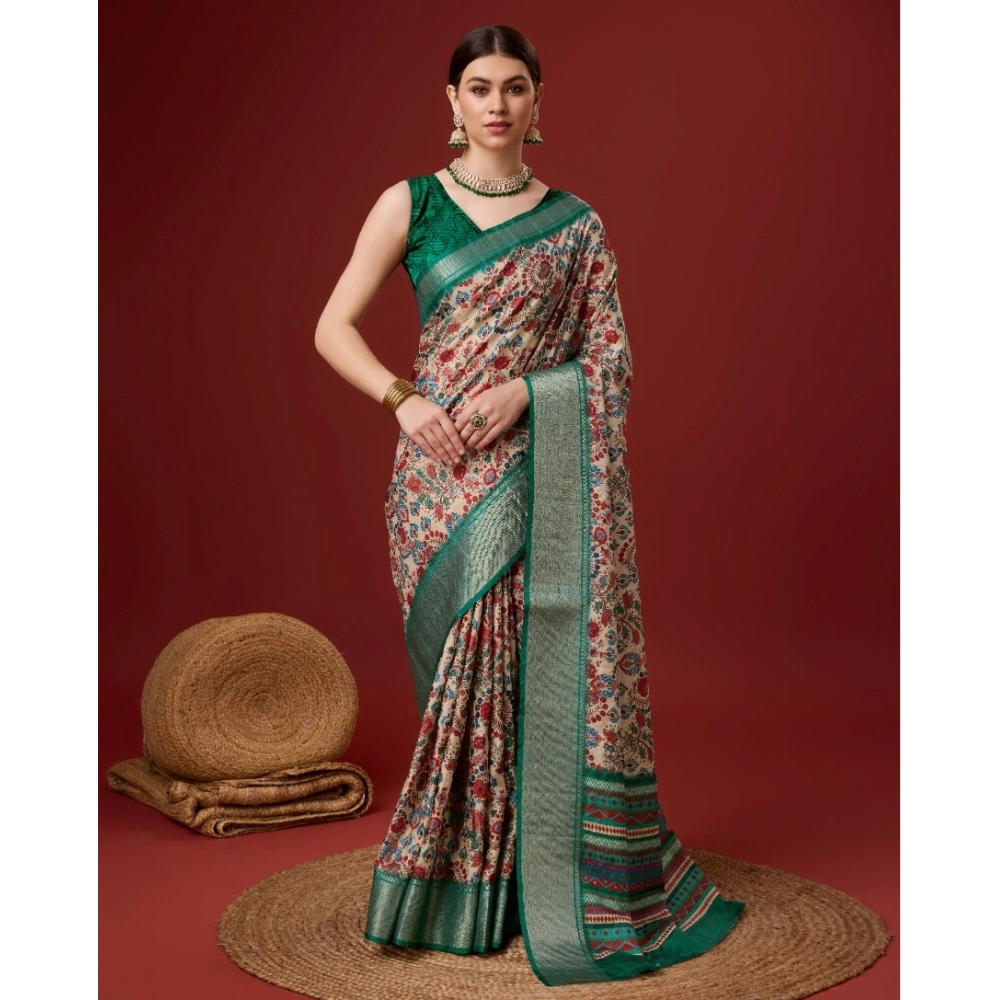 Generic Women's Cotton Printed Saree With Unstitched Blouse 5.5Mtr (Green)