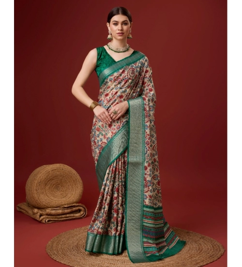 Generic Women's Cotton Printed Saree With Unstitched Blouse 5.5Mtr (Green)