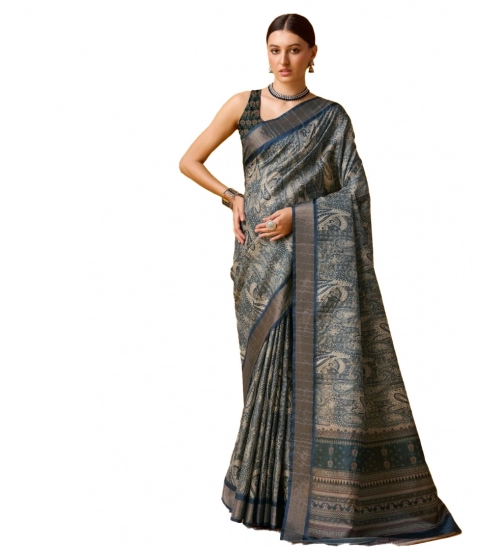 Generic Women's Cotton Printed Saree With Unstitched Blouse 5.5Mtr (Blue)