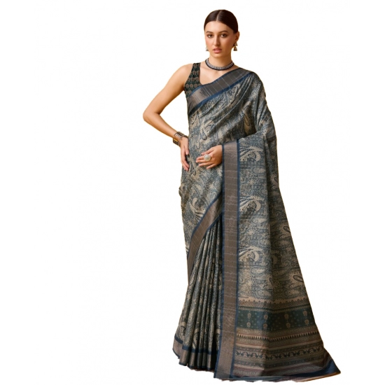 Generic Women's Cotton Printed Saree With Unstitched Blouse 5.5Mtr (Blue)