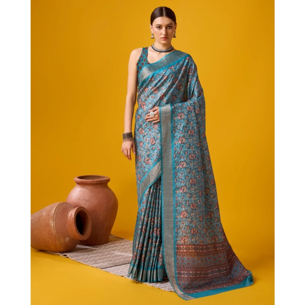 Generic Women's Cotton Printed Saree With Unstitched Blouse 5.5Mtr (Blue)