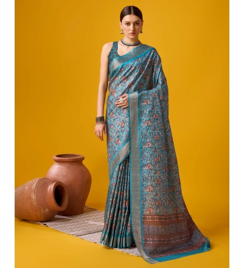 Generic Women's Cotton Printed Saree With Unstitched Blouse 5.5Mtr (Blue)