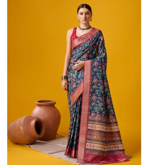 Generic Women's Cotton Printed Saree With Unstitched Blouse 5.5Mtr (Red-NavyBlue)