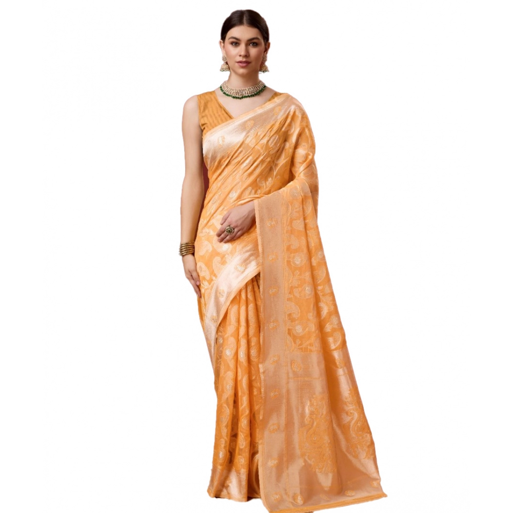 Generic Women's Cotton Woven Design Saree With Unstitched Blouse 5.5Mtr (Orange)