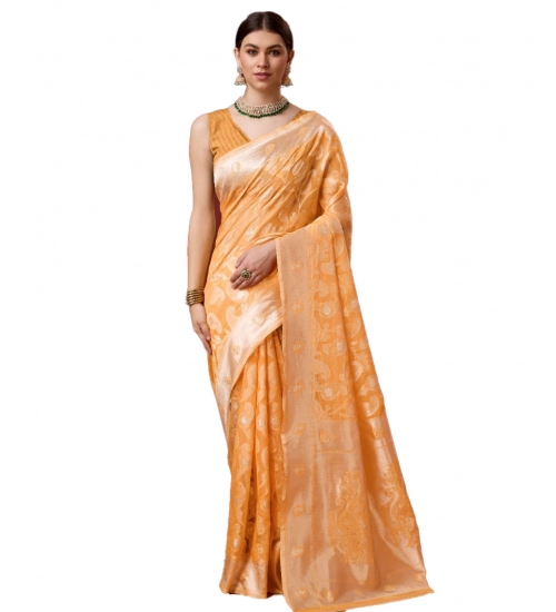 Generic Women's Cotton Woven Design Saree With Unstitched Blouse 5.5Mtr (Orange)