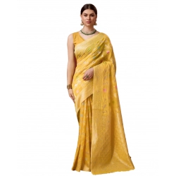 Generic Women's Cotton Woven Design Saree With Unstitched Blouse 5.5Mtr (Yellow)