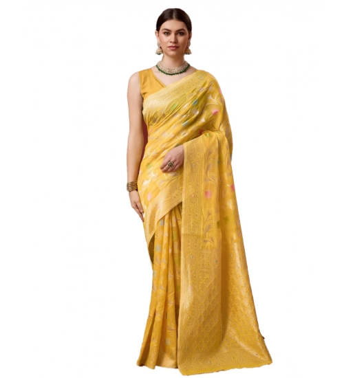 Generic Women's Cotton Woven Design Saree With Unstitched Blouse 5.5Mtr (Yellow)