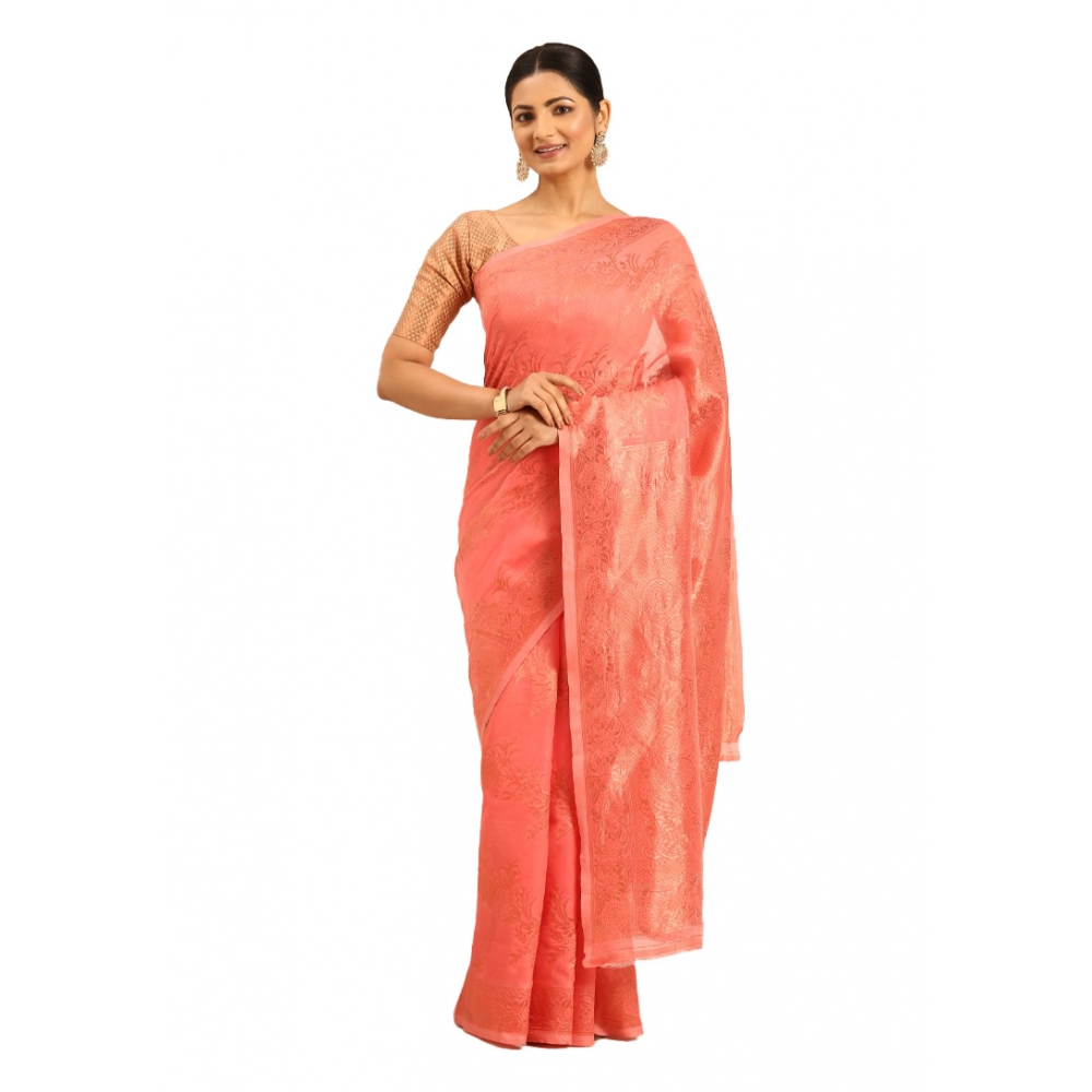 Generic Women's Cotton Woven Design Saree With Unstitched Blouse 5.5Mtr (Peach)