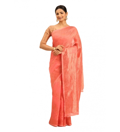 Generic Women's Cotton Woven Design Saree With Unstitched Blouse 5.5Mtr (Peach)