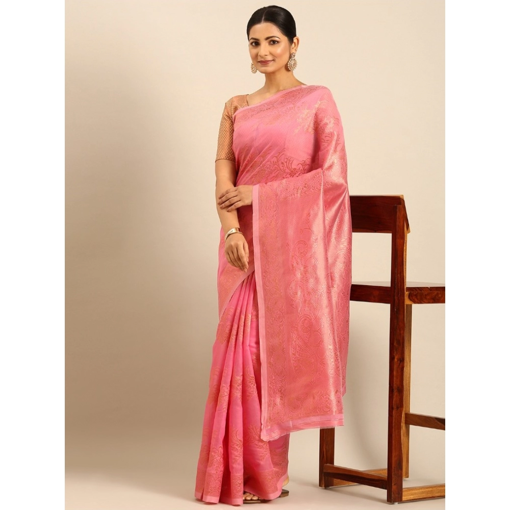 Generic Women's Cotton Woven Design Saree With Unstitched Blouse 5.5Mtr (Pink)