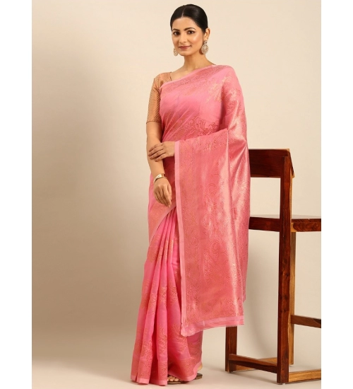 Generic Women's Cotton Woven Design Saree With Unstitched Blouse 5.5Mtr (Pink)