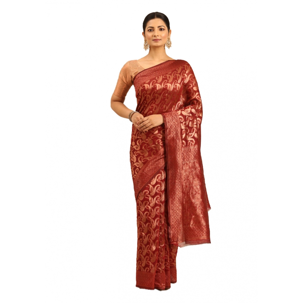 Generic Women's Cotton Woven Design Saree With Unstitched Blouse 5.5Mtr (Maroon)