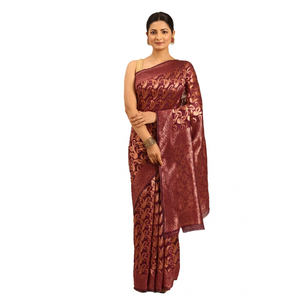 Generic Women's Cotton Woven Design Saree With Unstitched Blouse 5.5Mtr (Brown)